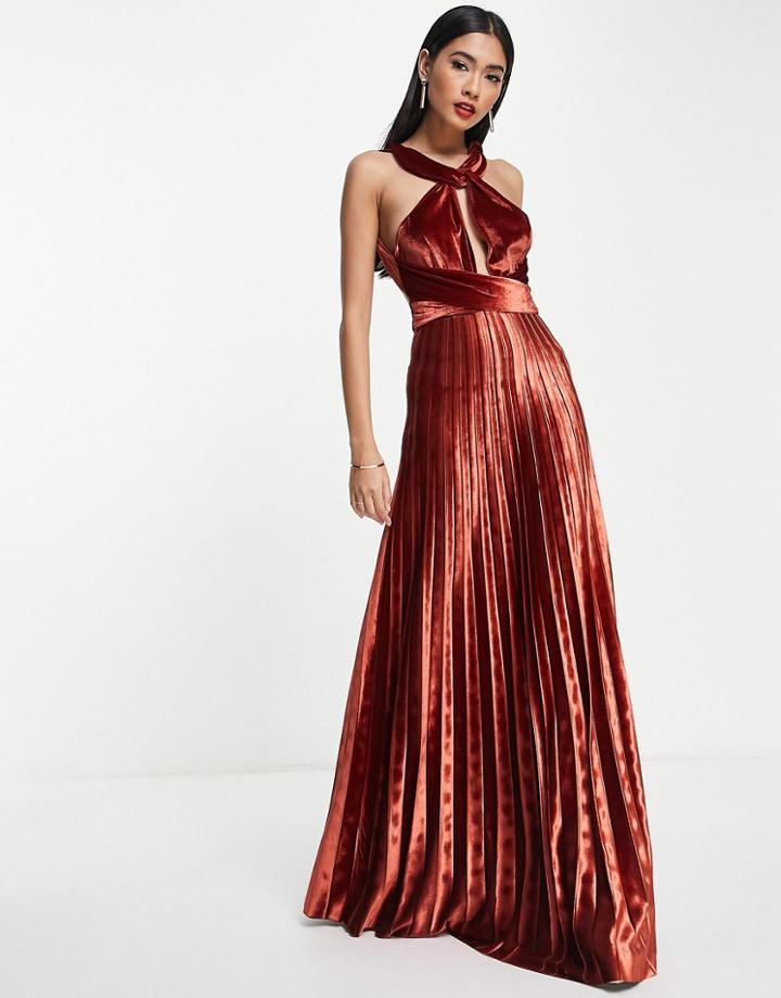 Asos Design Halter Cross Waist Velvet Pleated Maxi Dress In Rust-red