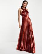 Asos Design Halter Cross Waist Velvet Pleated Maxi Dress In Rust-red