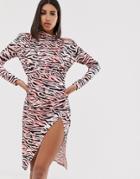 In The Style Tiger Print High Neck Split Front Midi Dress - Multi