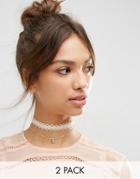 Asos Pack Of 2 Heart & Lace Choker Necklaces - Cream