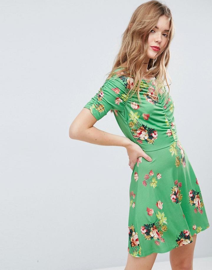 Asos Mini Tea Dress With Rouching Detail In Green Floral Print-multi
