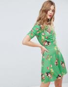 Asos Mini Tea Dress With Rouching Detail In Green Floral Print-multi