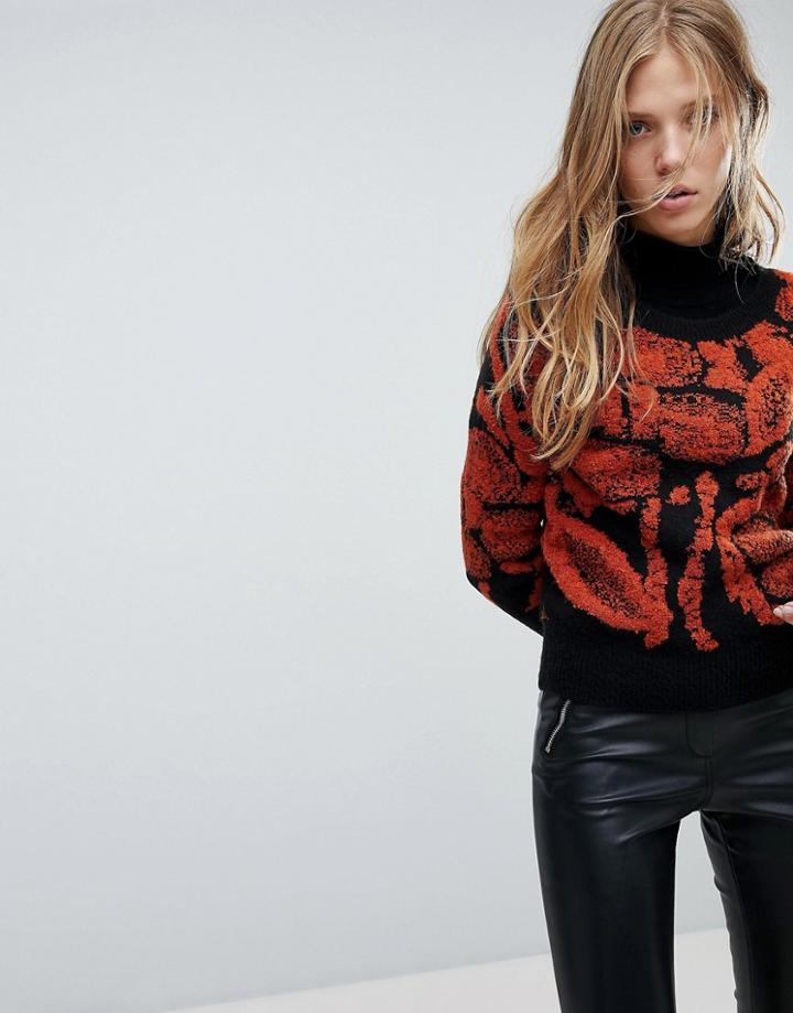 Vila Embroidered Knit Print Sweater - Black