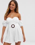 Asos Design Off Shoulder Romper With Puff Sleeve And Buckle Detail-white