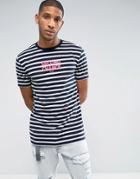 Asos Longline Stripe T-shirt With Chest Print - Navy
