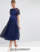 Asos Maternity Midi Lace Dress With Flutter Sleeve - Blue