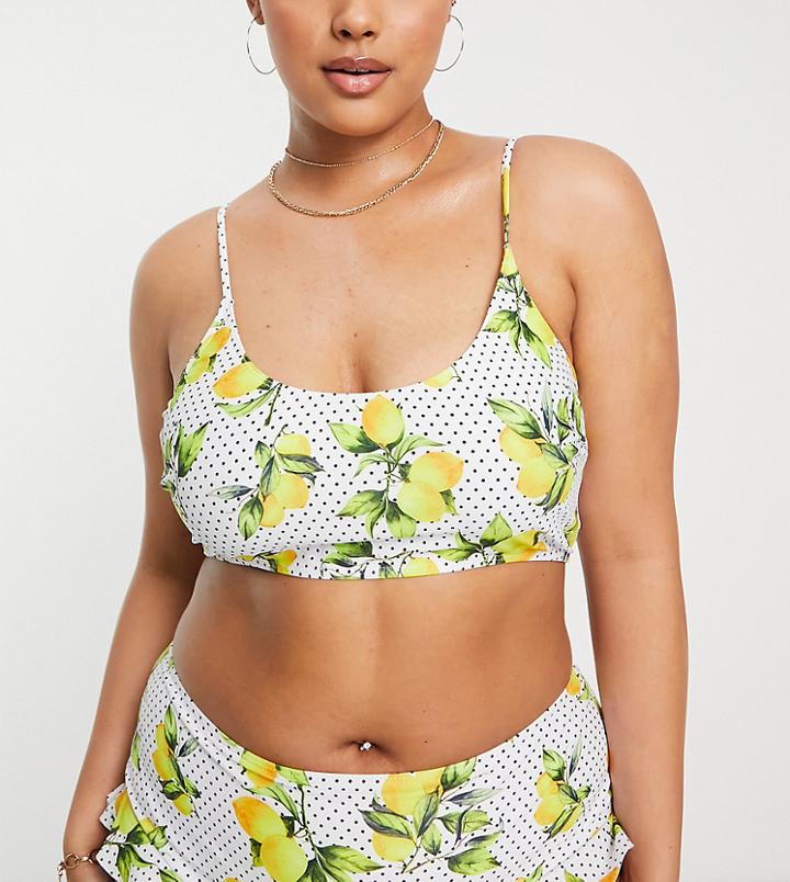 Missguided Plus Frill Bikini Bottom In Lemon Print-white