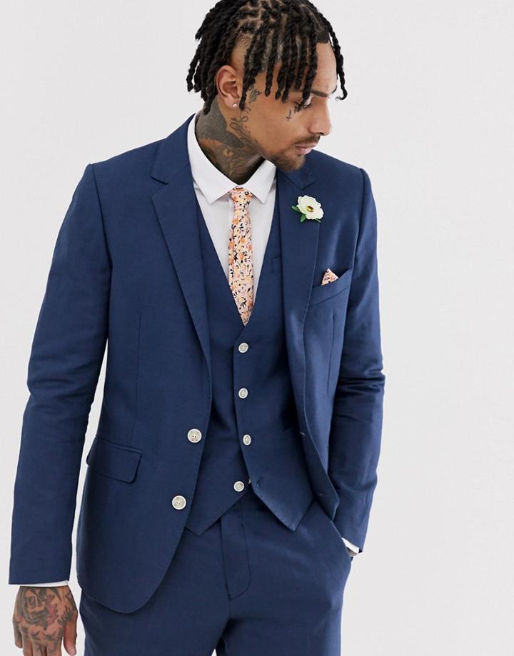 Gianni Feraud Wedding Slim Fit Linen Plain Jacket-navy