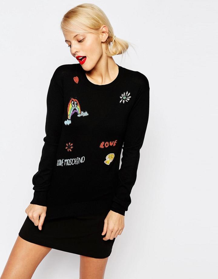 Love Moschino Silk Mix Beaded Motif Sweater - Black