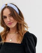 Asos Design Headband With Wooden Circle Detail In Gingham Print - Blue