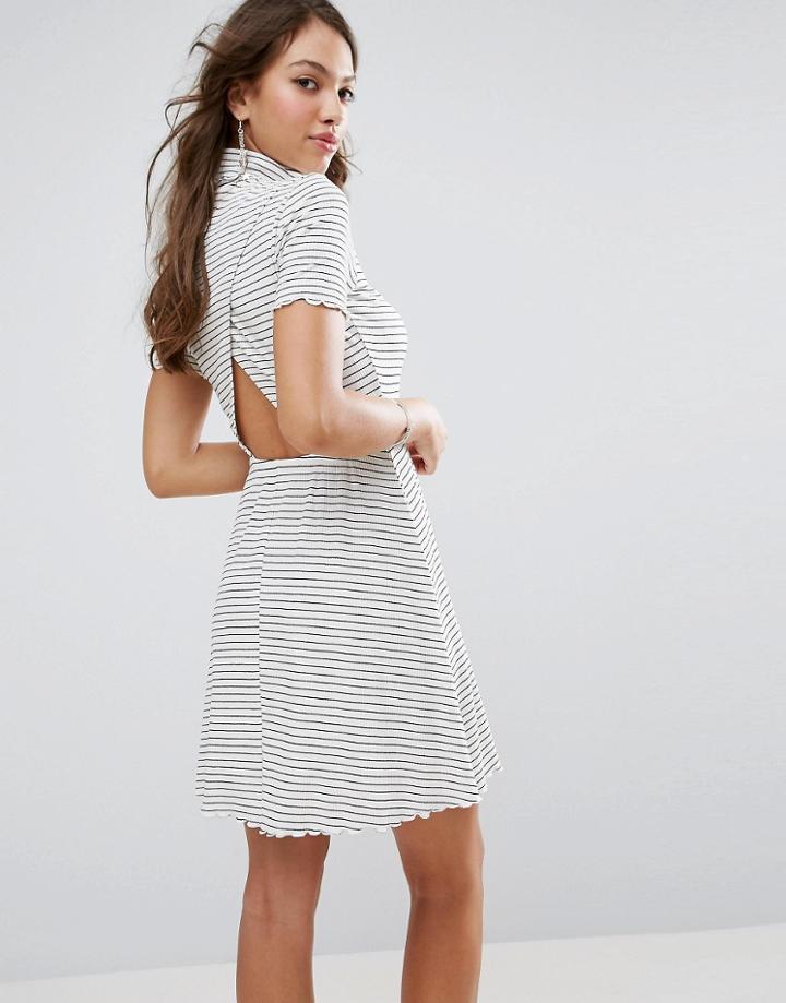 Asos Stripe Skater Mini Dress In Rib With Roll Neck - Multi