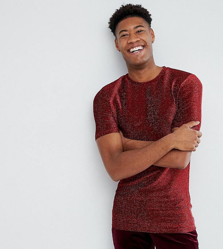 Asos Tall Longline Muscle T-shirt In Red Metallic Fabric - Red