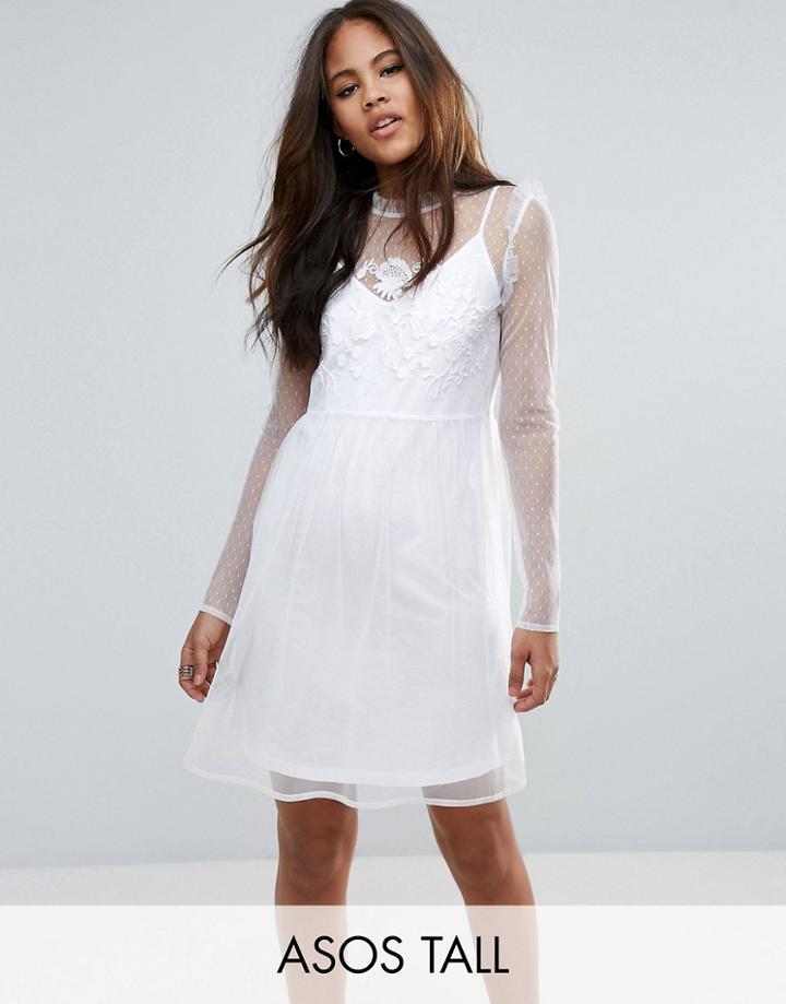Asos Tall Dobby Mesh Embroidered Smock Dress - White