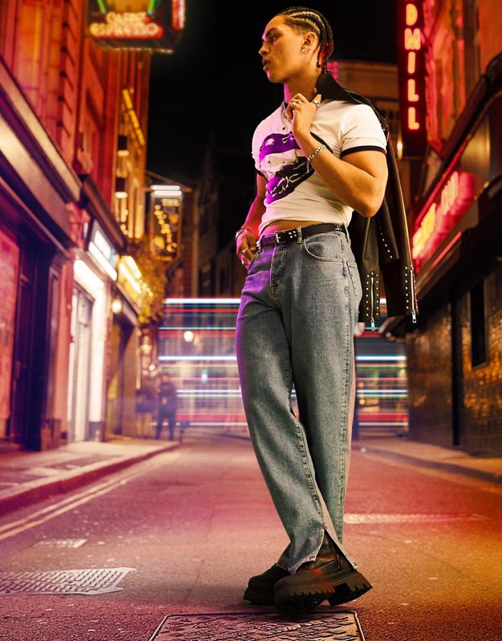 Asos Design Baggy Jeans In Mid Wash Blue With Slit Hem-blues