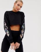 Asos Design Super Crop Long Sleeve T-shirt With Foil Flame Sleeve - Black