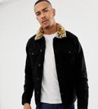 Asos Design Tall Denim Jacket With Leopard Print Faux Fur Collar-black