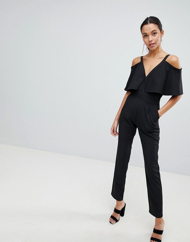 Liquorish Cold Shoulder Tailored Jumpsuit-black