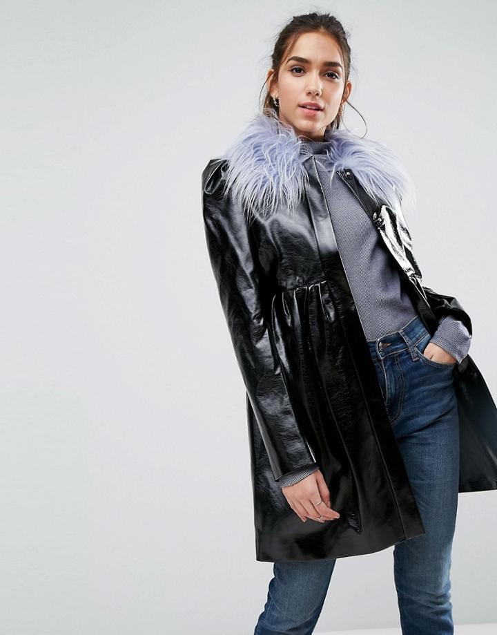 Asos Skater Coat In Patent With Faux Fur Collar - Black