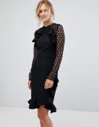 True Decadence Tall Wrap Front Dress With Lace Sleeve Detail - Black