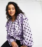 Simply Be Blouse With Ruffle Neck In Lilac Polka Dot-multi