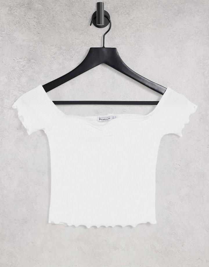Stradivarius Sweetheart Neck Top With Lettuce Edge In White