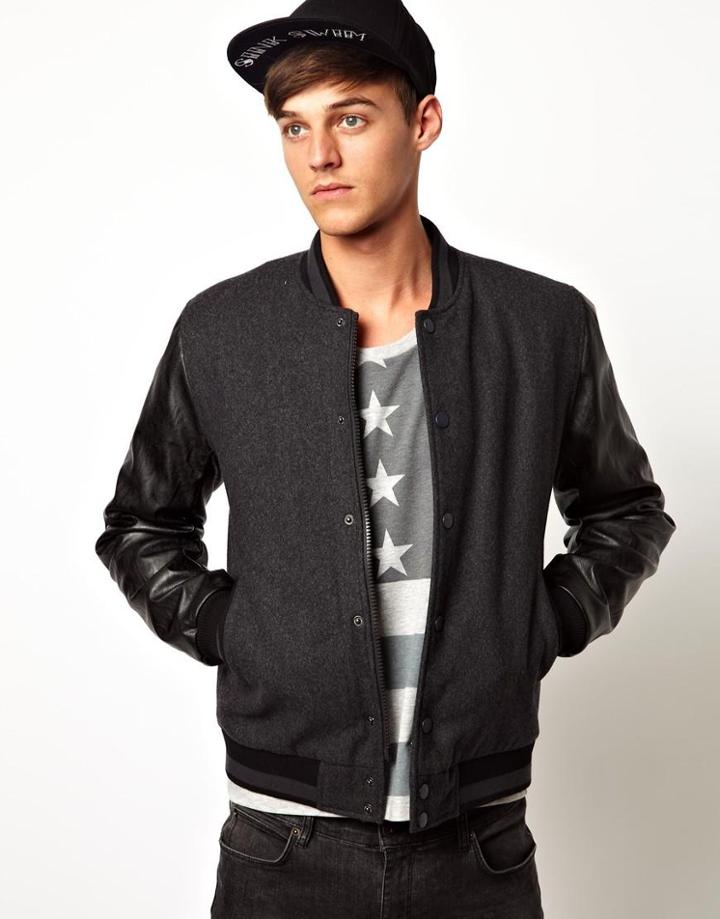 Asos Wool Bomber Jacket With Faux Leather Sleeves