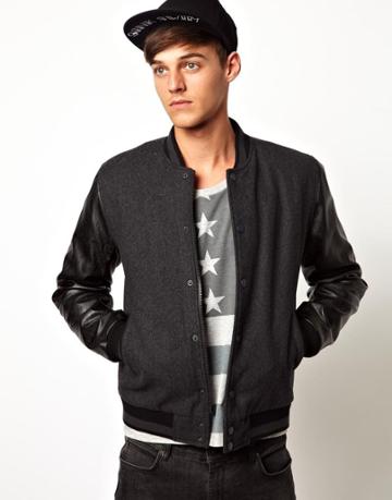 Asos Wool Bomber Jacket With Faux Leather Sleeves