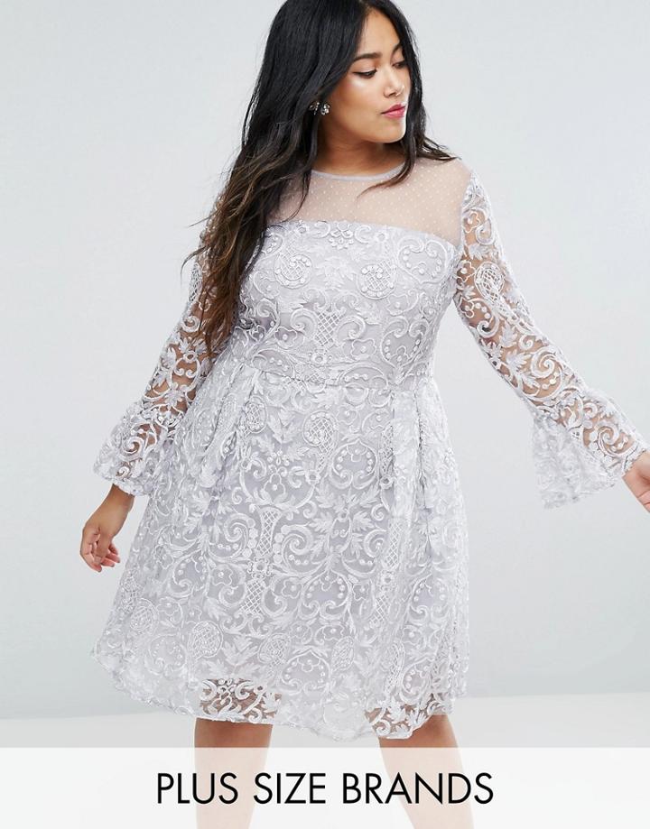 Truly You All Over Embroidered Midi Skater Dress With Fluted Sleeve Detail - Gold