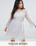 Truly You All Over Embroidered Midi Skater Dress With Fluted Sleeve Detail - Gold