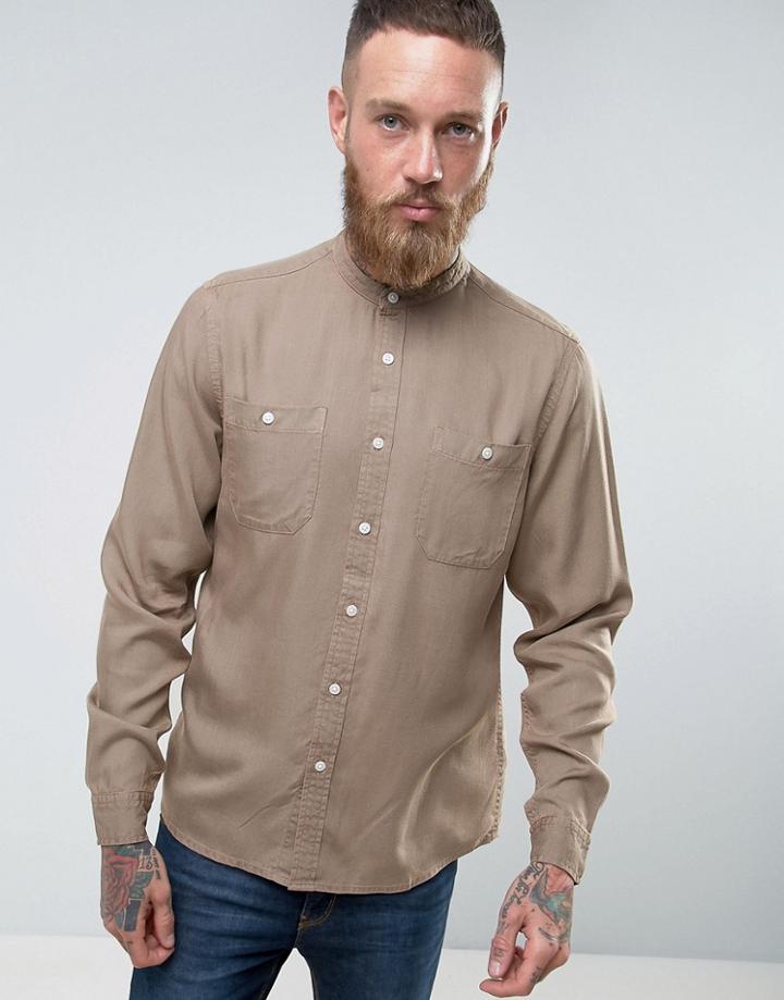 Asos Regular Fit Viscose Shirt With Grandad Collar In Khaki - Green