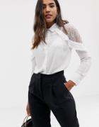 Lipsy Lace Cold Shoulder Shirt With Ruffle - Cream