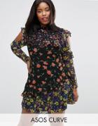 Asos Curve Mixed Print Mini Dress With Cold Shoulder And Frill - Multi