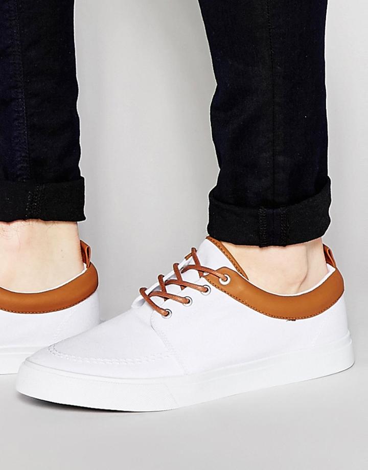 Asos Lace Up Sneakers In White Canvas - White