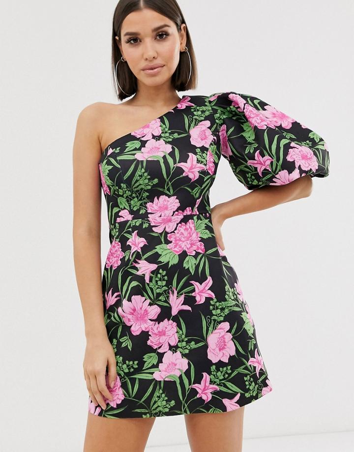 Asos Design One Shoulder Puff Sleeve Floral Mini Skater Dress-black