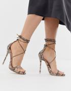 Simmi London Shania Tie Up Snake Print Heeled Sandals - Beige
