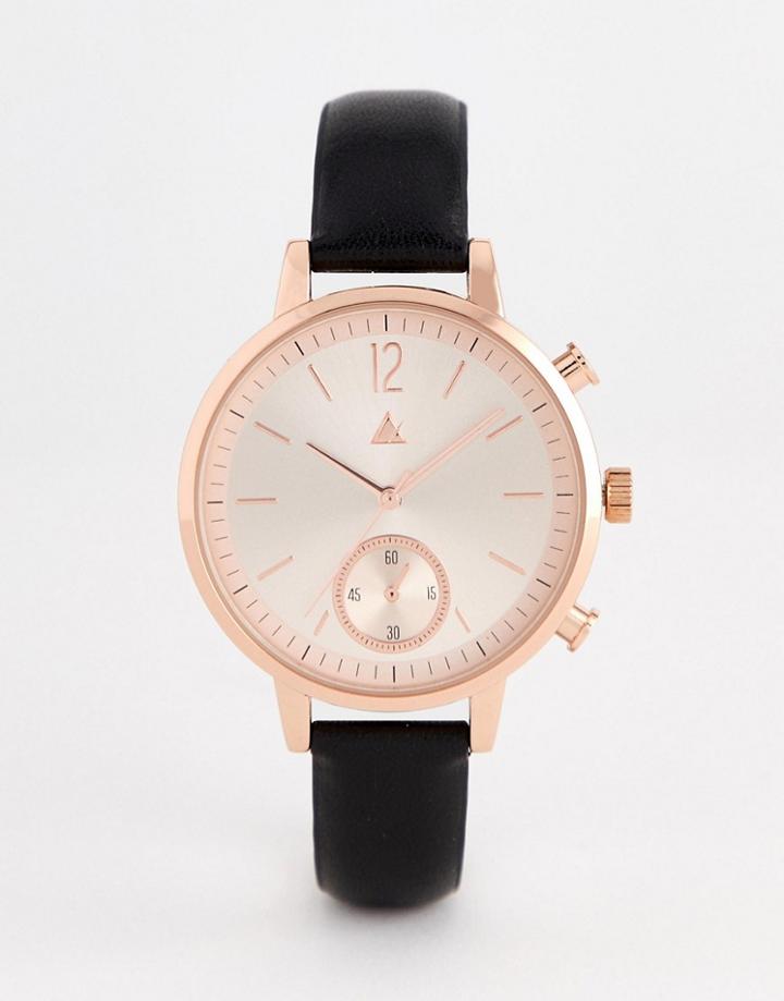 Asos Design Leather Watch With Rose Gold Sunray Face And Embossed Edge Detail In Black - Black