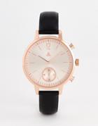 Asos Design Leather Watch With Rose Gold Sunray Face And Embossed Edge Detail In Black - Black
