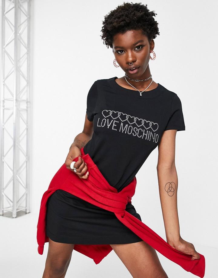 Love Moschino Crystal Logo Mini Dress In Black