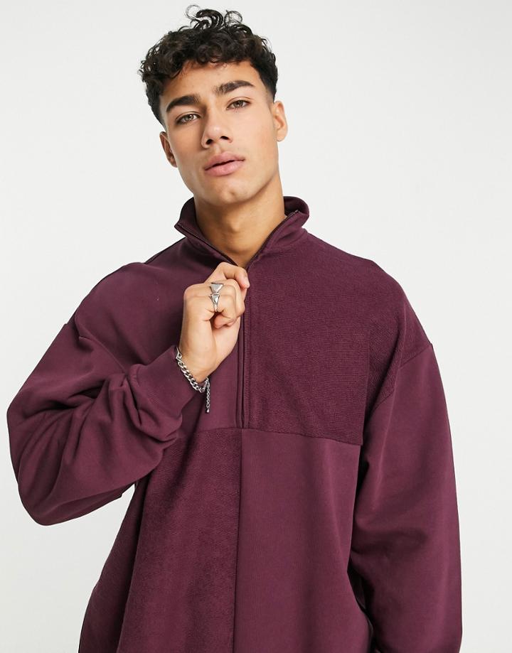 Asos Design Oversized Half Zip Sweatshirt With Panel Details In Burgundy-red
