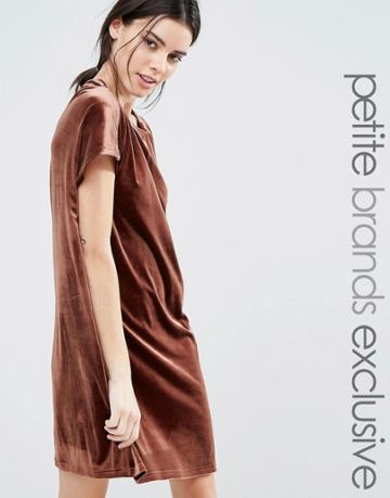 One Day Petite Allover Velvet Mini Shift Dress - Brown