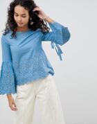 Qed London Broderie Trim Top - Blue