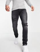 Topman Rip Stretch Skinny Jeans In Washed Black