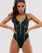 Asos Design Zip Front Racer Back Swimsuit With Reflective Contrast Bind In Black And Bright Green-multi
