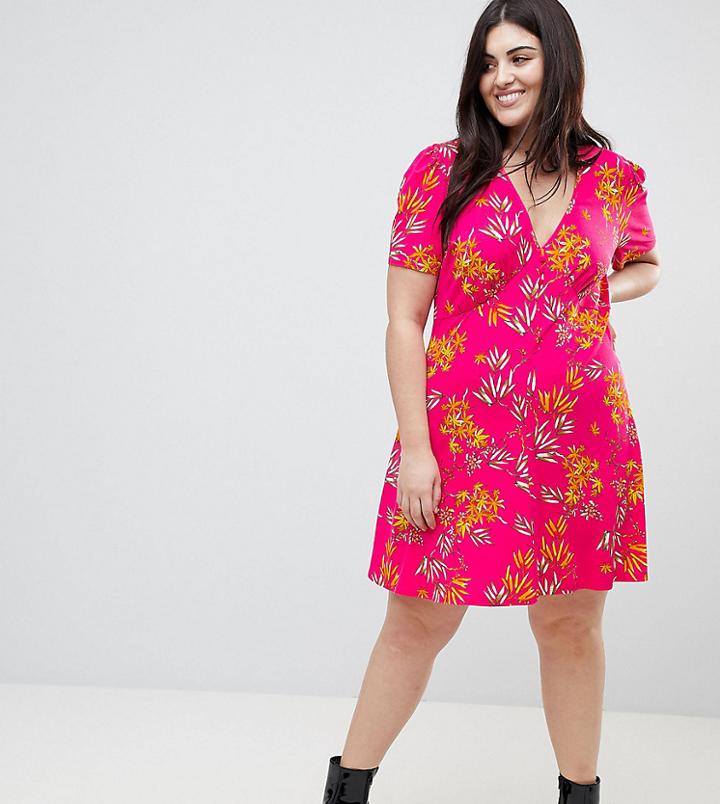 Asos Curve Mini Tea Dress With High Neck In Pink Bamboo Print - Multi