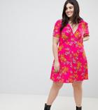 Asos Curve Mini Tea Dress With High Neck In Pink Bamboo Print - Multi