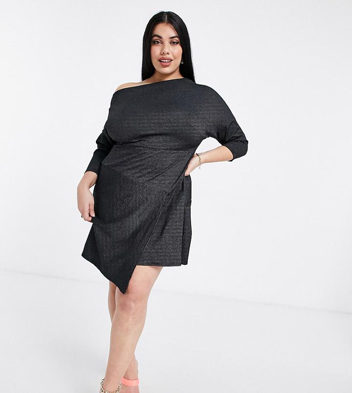 Closet London Plus Off Shoulder Cropped Sleeve Wrap Mini Dress In Black