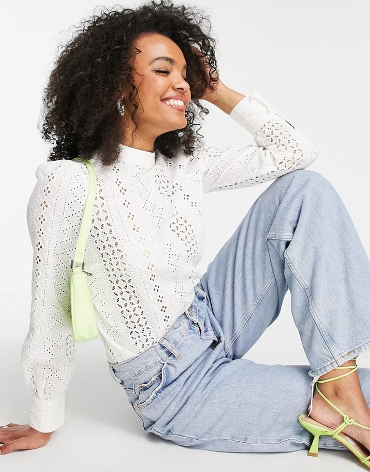 Lipsy Broderie High Neck Blouse In White