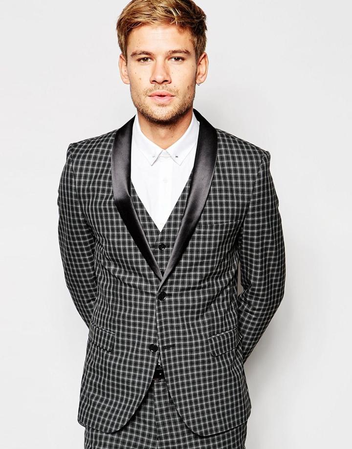 Selected Homme Exclusive Tonal Check Tuxedo Suit Jacket In Skinny Fit - Gray