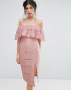Love Triangle Metallic Lace Bardot Dress With Thigh Split - Pink