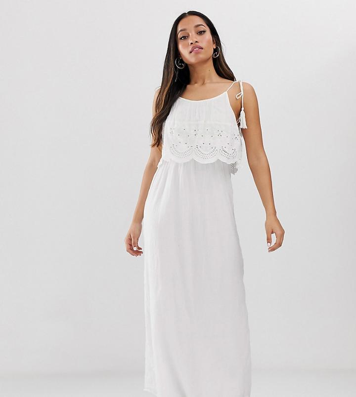 Brave Soul Petite Broderie Anglais Maxi Dress In White